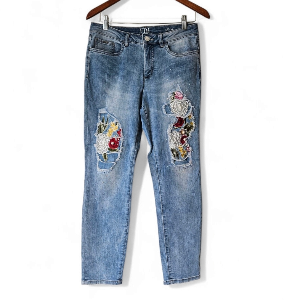 FRENCH DRESSING JEANS Blue Floral & Pearl Embellished Denim Jeans